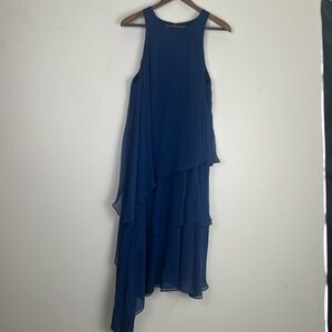 BCBGMAXAZRIA Silk Dress Size 10 Blue Asymmetrical Tiered Ruffle Sleeveless Fairy